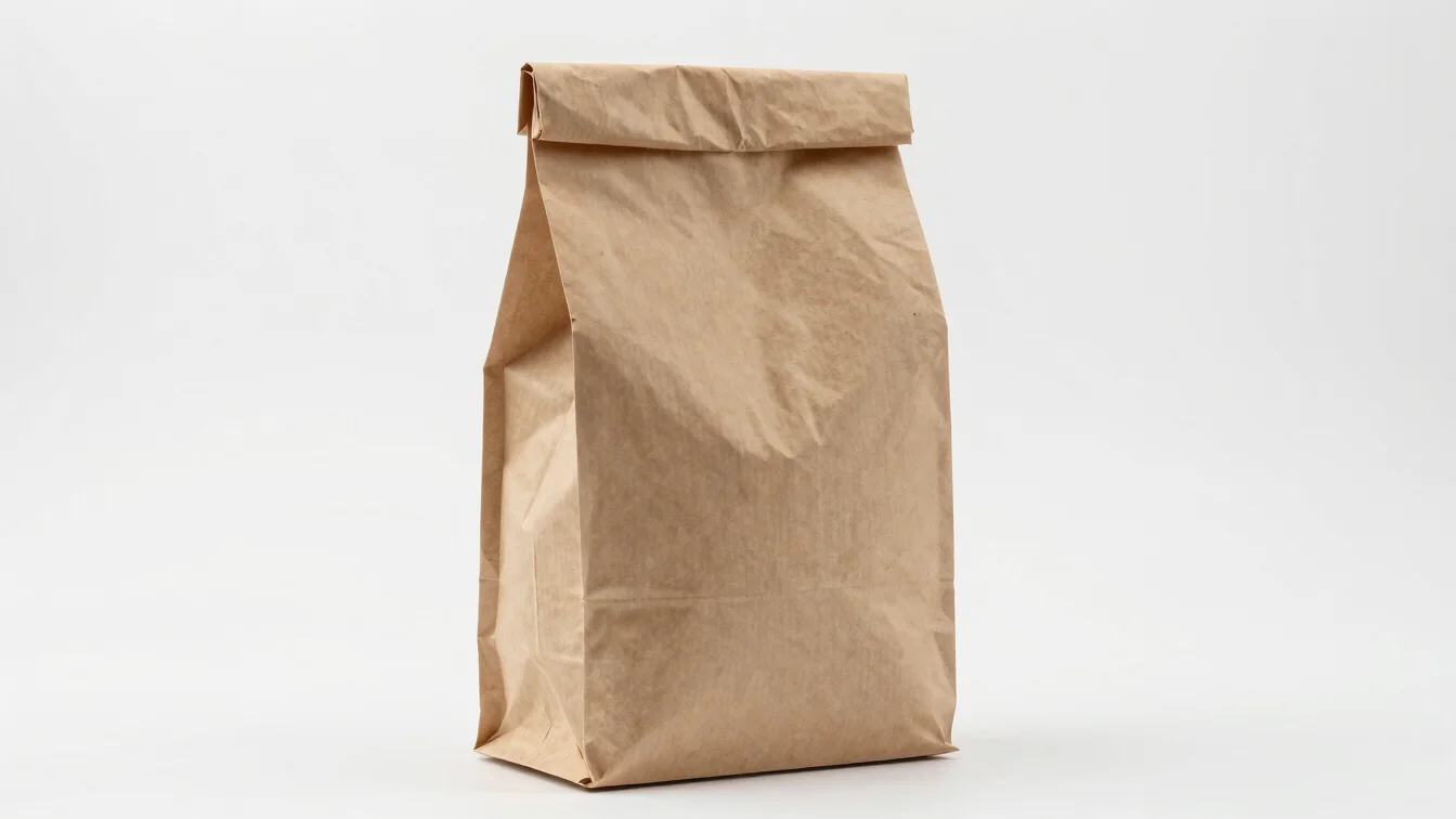 Pure white background studio shot of a crisp, reinforced kraft paper packaging bag, showcasing its clean lines and matte