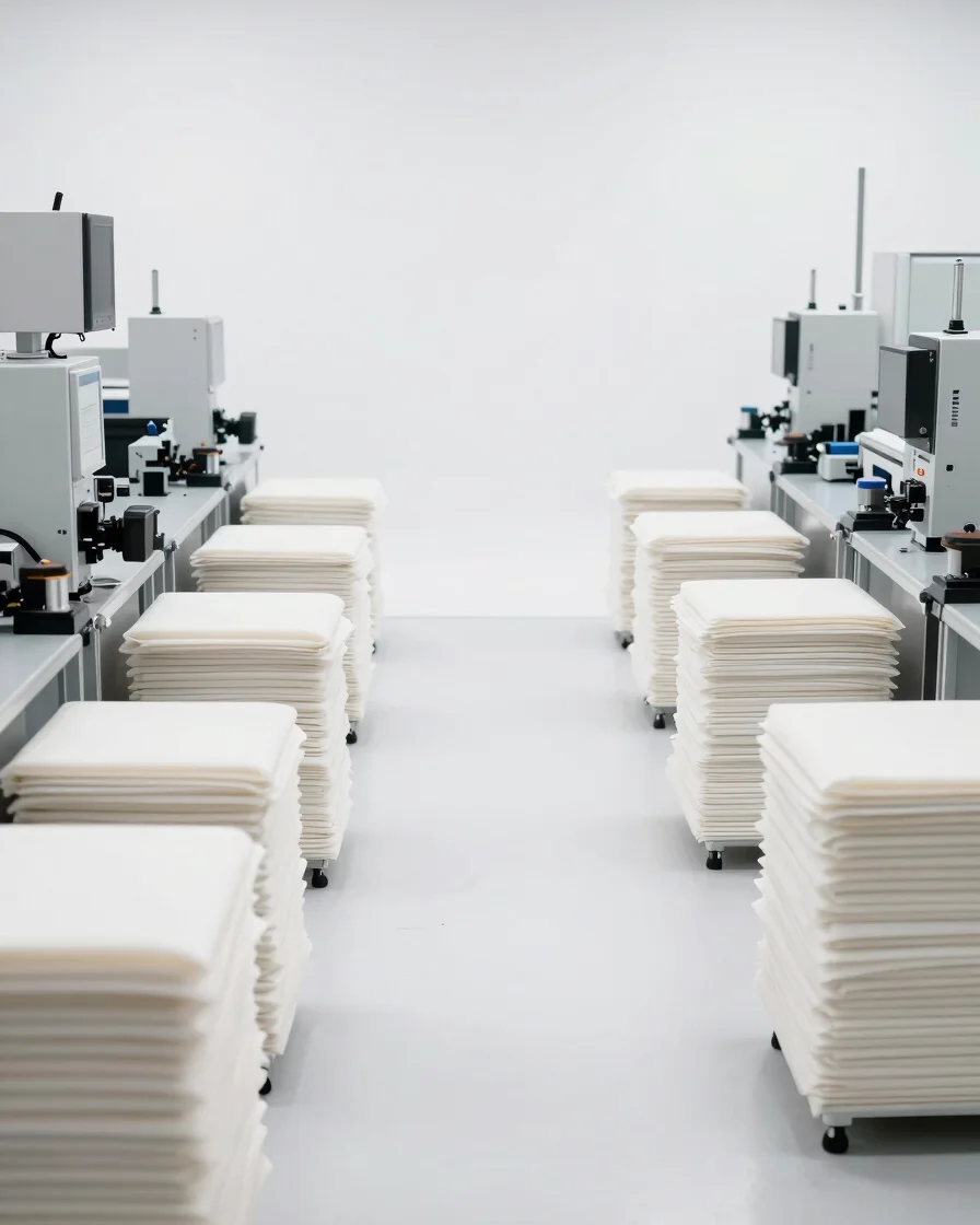 Bright, clean factory production floor, showcasing orderly packag