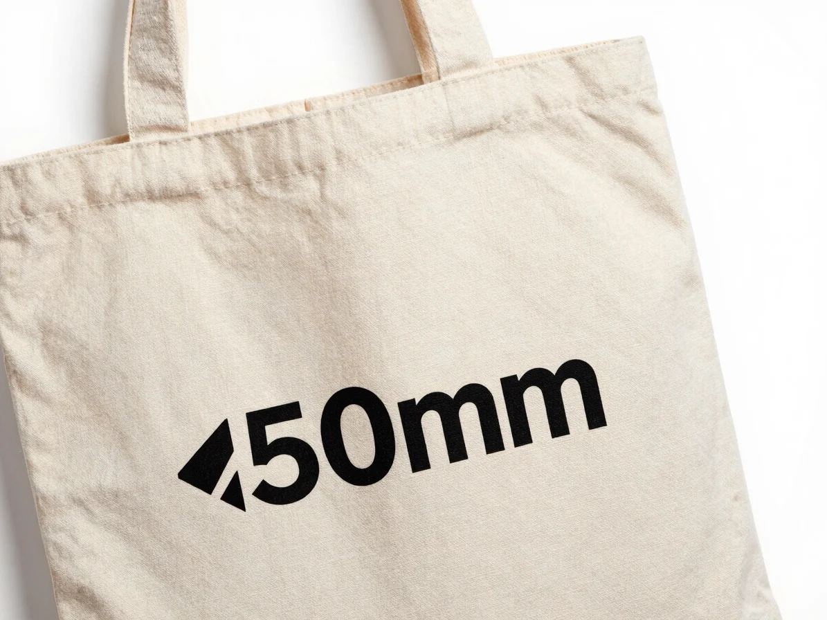 Close-up of a custom logo printed on a cotton tote bag, showcasing crisp detail and natural fabric texture, pure white s