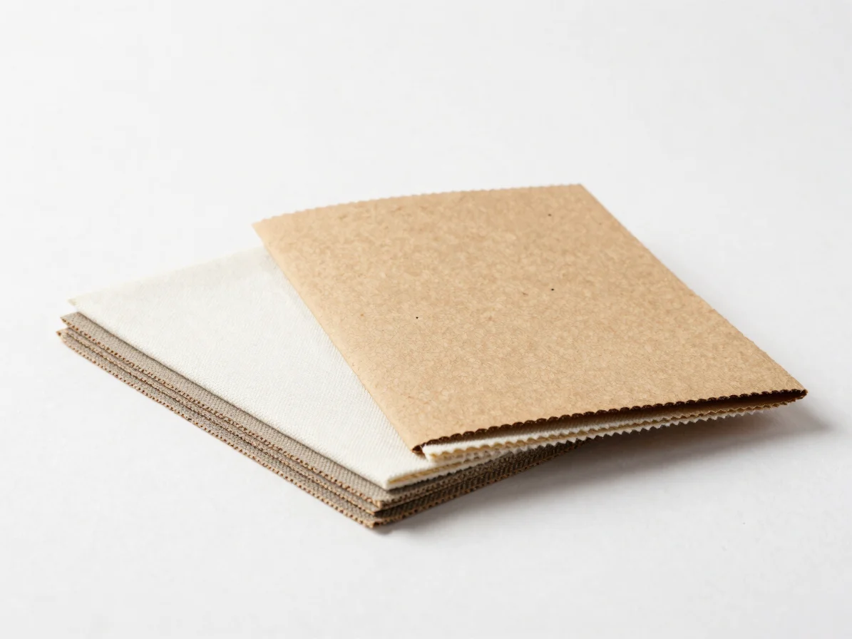 Still-life product photo showcasing a stack of different material samples: canvas, cotton, and kraft paper, pure white b