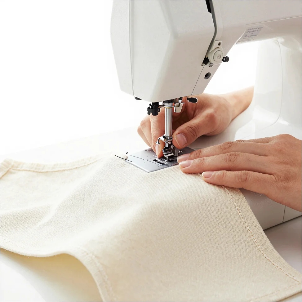 Close-up of skilled hands operating a sewing machine on a canvas bag, highlighting stitching detail, bright and clean en