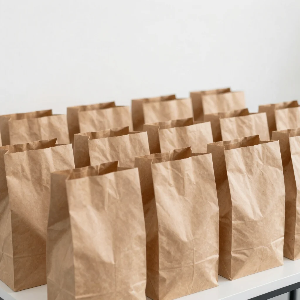 Overview of a section of the factory where kraft paper bags are being assembled, clean and well-lit, showing orderly pro