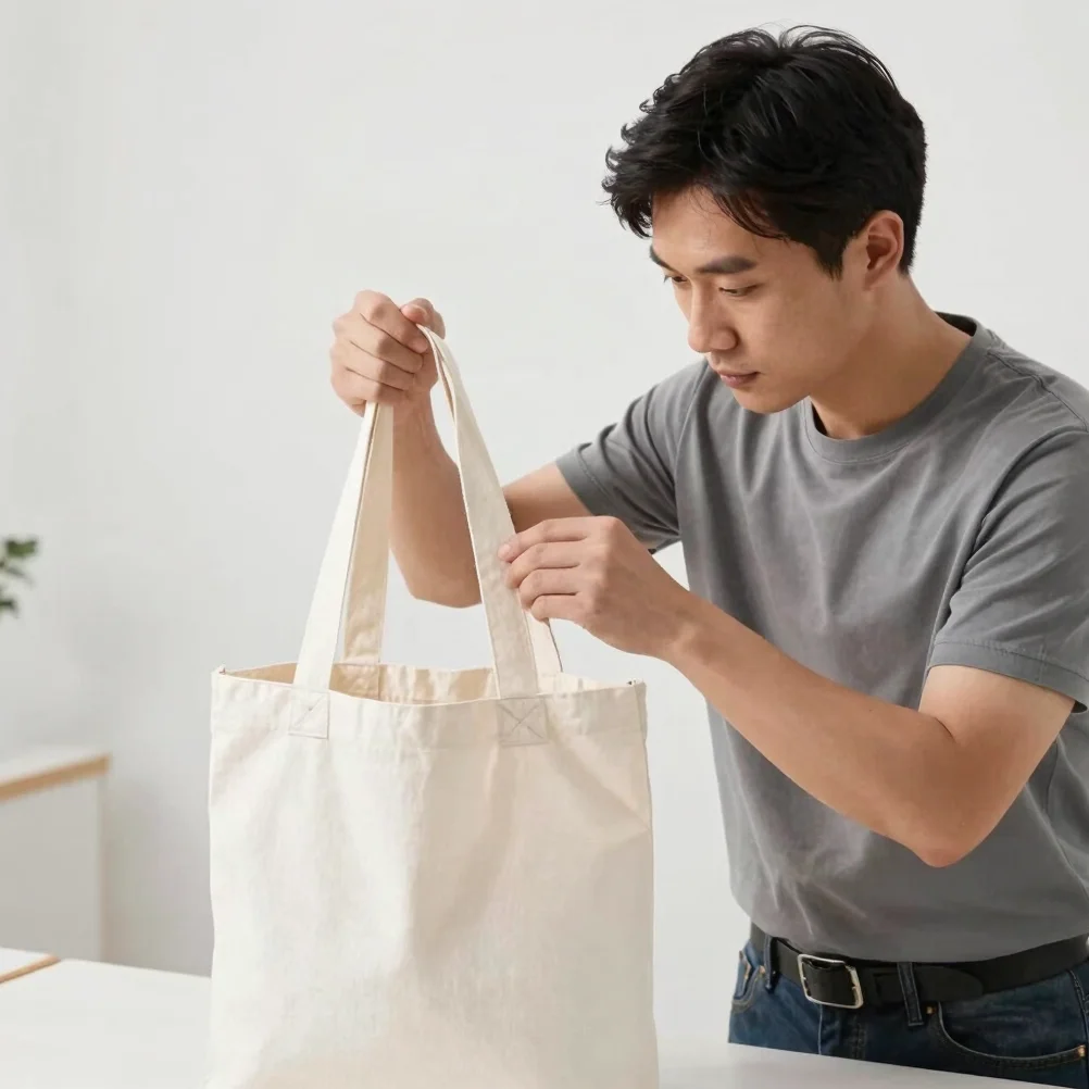 Worker inspecting a finished cotton tote bag for quality, bright and clean environment, focusing on attention to detail.